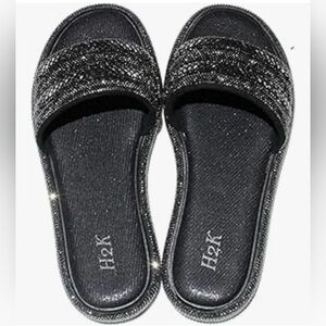 H2K Black Rhinestone Glitter Slide Slip On Sandals